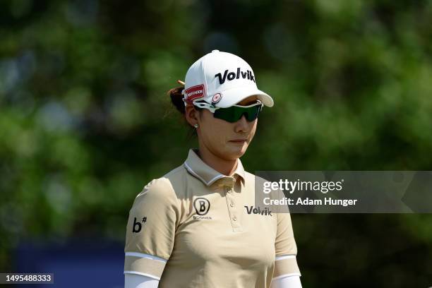 Chella Choi of South Korea walks off the 16th tee during the second round of the Mizuho Americas Open at Liberty National Golf Club on June 2, 2023...