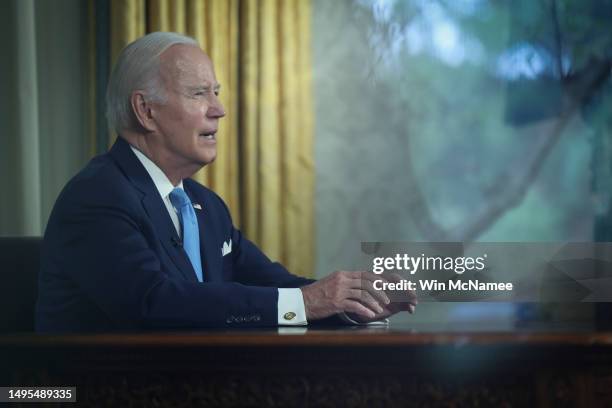 President Joe Biden delivers a nationally televised address from the Oval Office of the White House June 2, 2023 in Washington, DC. Biden delivered...