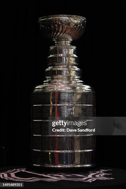 General view of the Stanley Cup is seen during Media Day for the 2023 NHL Stanley Cup Final at T-Mobile Arena on June 02, 2023 in Las Vegas, Nevada.