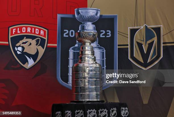 General view of the Stanley Cup is seen during Media Day for the 2023 NHL Stanley Cup Final at T-Mobile Arena on June 02, 2023 in Las Vegas, Nevada.