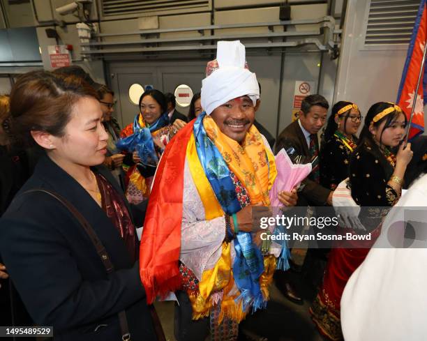 Hari Budha Magar, British veteran arrives back in UK from Mount Everest Expedition at Heathrow Terminal 4 on June 2, 2023 in London, England. The...