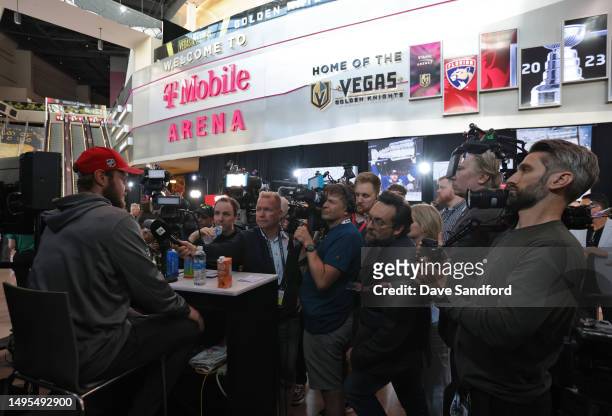 Aleksander Barkov of the Florida Panthers speaks during Media Day for the 2023 NHL Stanley Cup Final at T-Mobile Arena on June 02, 2023 in Las Vegas,...