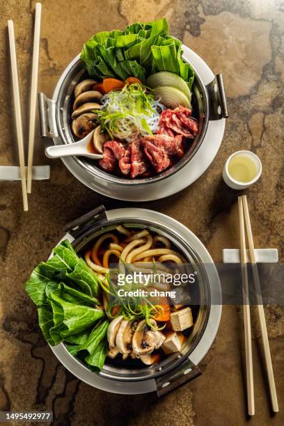 sukiyaki, japanese traditional hot pot - japanese food stock pictures, royalty-free photos & images