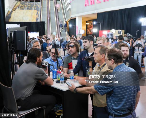 Jonathan Marchessault of the Vegas Golden Knights is interviewed during Media Day for the 2023 NHL Stanley Cup Final between the Florida Panthers and...