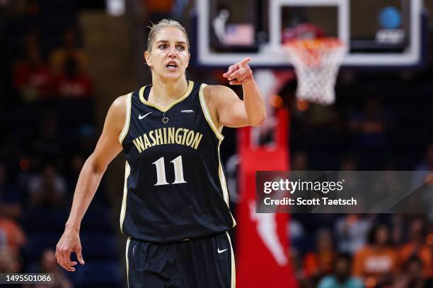 Elena Delle Donne of the Washington Mystics reacts after making a three point basket against the Dallas Wings during the first half of the game at...