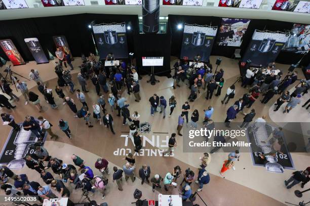 Players are interviewed during Media Day for the 2023 NHL Stanley Cup Final between the Florida Panthers and the Vegas Golden Knights at T-Mobile...