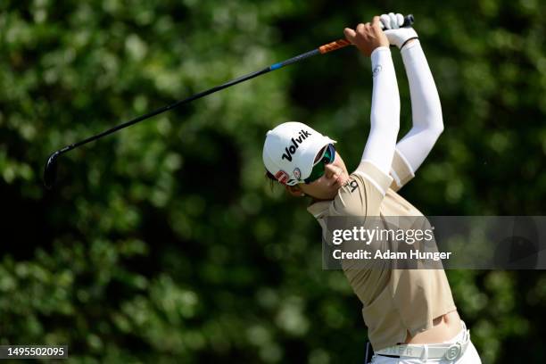 Chella Choi of South Korea plays her shot from the 16th tee during the second round of the Mizuho Americas Open at Liberty National Golf Club on June...