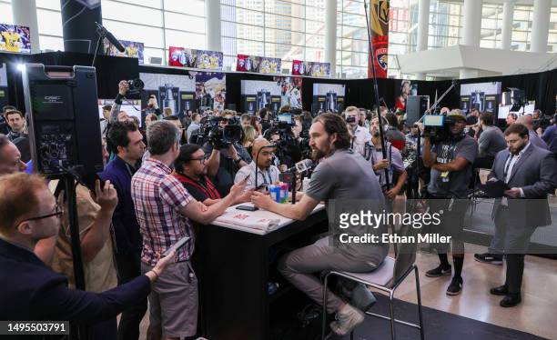 Mark Stone of the Vegas Golden Knights is interviewed during Media Day for the 2023 NHL Stanley Cup Final between the Florida Panthers and the Golden...