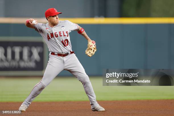 Gio Urshela of the Los Angeles Angels fields a ground ball hit by Alex Bregman of the Houston Astros at Minute Maid Park on June 02, 2023 in Houston,...