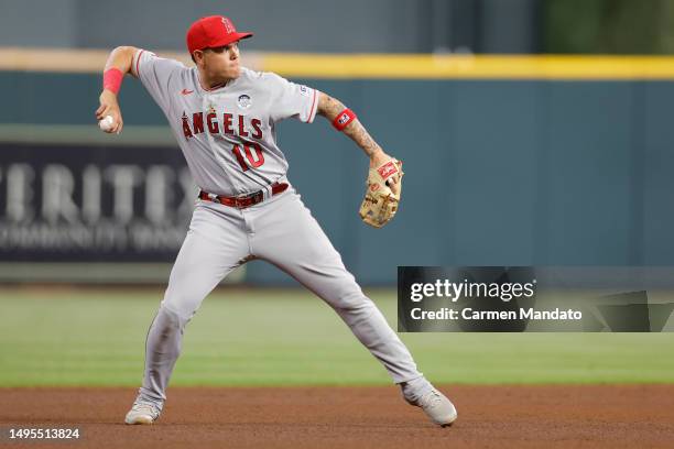 Gio Urshela of the Los Angeles Angels fields a ground ball hit by Alex Bregman of the Houston Astros at Minute Maid Park on June 02, 2023 in Houston,...