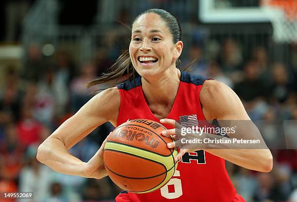 Sue Bird of United States passes the ball during the Women's Basketball Preliminary Round match against Angola on Day 3 at Basketball Arena on July...