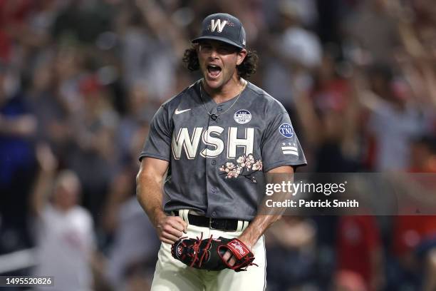 Pitcher Kyle Finnegan of the Washington Nationals celebrates after defeating the Philadelphia Phillies at Nationals Park on June 02, 2023 in...