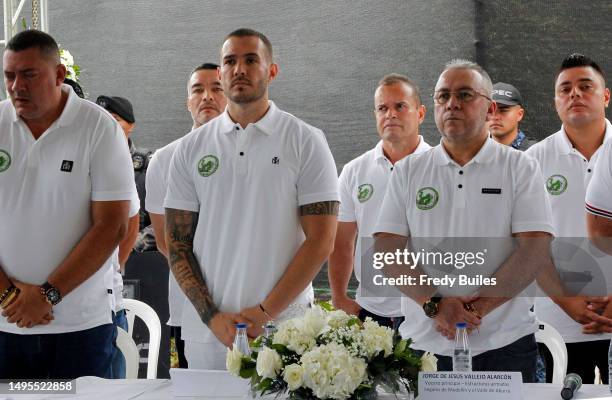Members of criminal organizations stand at the inauguration of a round table with the Colombian government at Centro Penitenciario La Paz on June 02,...
