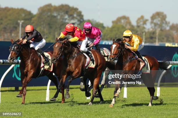 Brett Prebble riding Resonator wins Race 4 Petaluma during Winter Cup Raceday - Sydney Racing at Rosehill Gardens on June 03, 2023 in Sydney,...