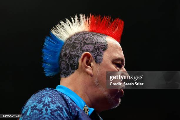 Peter Wright of Scotland looks on while competing against Jeff Smith during the 2023 bet365 U.S. Dart Masters First Round at The Hulu Theater at...