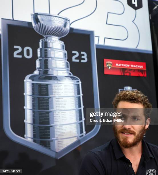 Matthew Tkachuk of the Florida Panthers is interviewed during Media Day for the 2023 NHL Stanley Cup Final between the Panthers and the Vegas Golden...