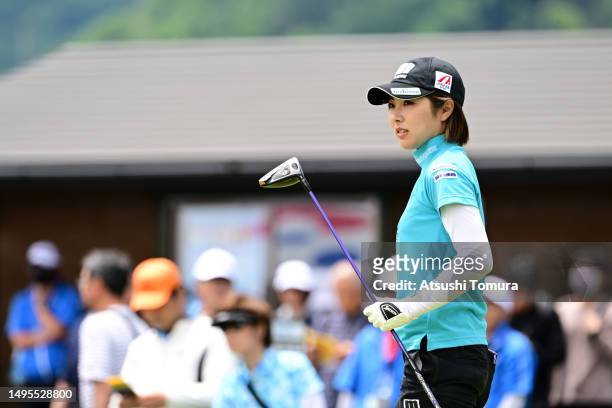 Hiromu Ono of Japan reacts after her tee shot on the 10th hole during the first round of RICHARD MILLE YONEX LADIES Golf Tournament 2023 in Asagiri...