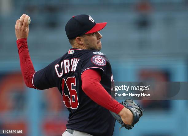 Patrick Corbin of the Washington Nationals pitches during the first inning against the Los Angeles Dodgers at Dodger Stadium on May 31, 2023 in Los...