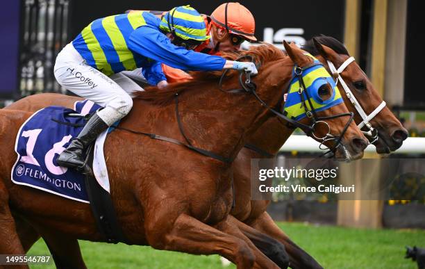 Blake Shinn riding Shaiyhar defeats Harry Coffey riding Wahine Toa in Race 7, the Henley And Villawood Gfa House Plate, during Melbourne Racing at...