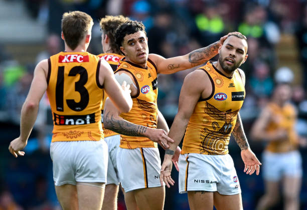 Jarman Impey of the Hawks celebrates a goal with with his team mates during the round 12 AFL match between Port Adelaide Power and Hawthorn Hawks at...