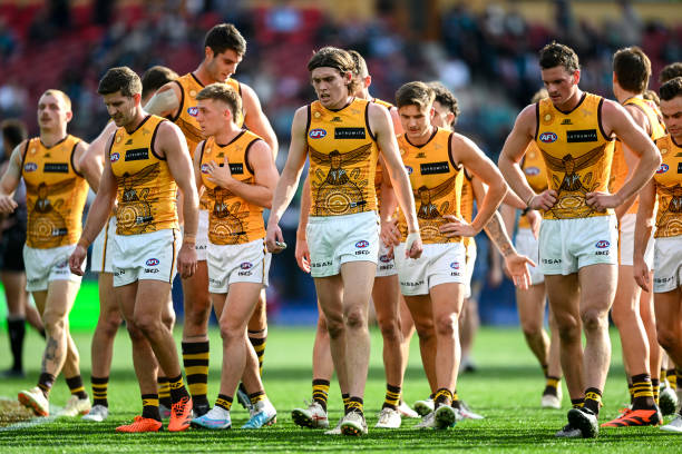 Hawthorn head off at half time during the round 12 AFL match between Port Adelaide Power and Hawthorn Hawks at Adelaide Oval, on June 03 in Adelaide,...