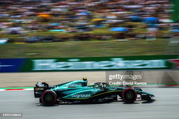 Fernando Alonso of Spain driving the Aston Martin AMR23 Mercedes on track during practice ahead of the F1 Grand Prix of Spain at Circuit de...