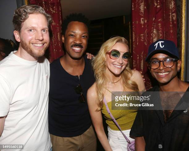 Stark Sands, Corey Hawkins, Betsy Wolfe and Hiran Abeysekera pose backstage during a broadway show mash up with the casts of "Into The Woods",...