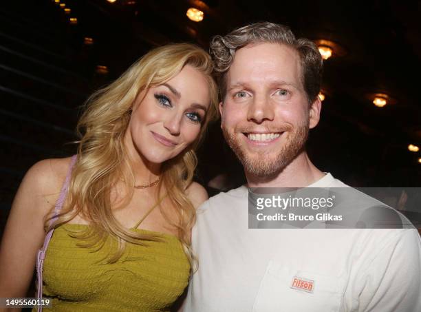 Betsy Wolfe and Stark Sands pose backstage during a broadway show mash up with the casts of "Into The Woods", "&Juliet", "Goodnight, Oscar", "Ain't...