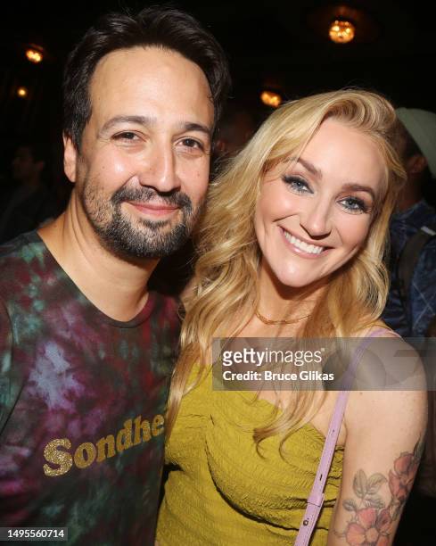 Lin-Manuel Miranda and Betsy Wolfe pose backstage during a broadway show mash up with the casts of "Into The Woods", "&Juliet", "Goodnight, Oscar",...
