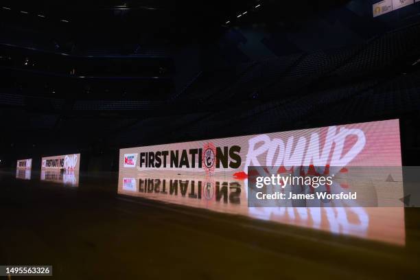 First Nations Round signage is seen before the round 12 Super Netball match between West Coast Fever and Sunshine Coast Lightning at RAC Arena, on...