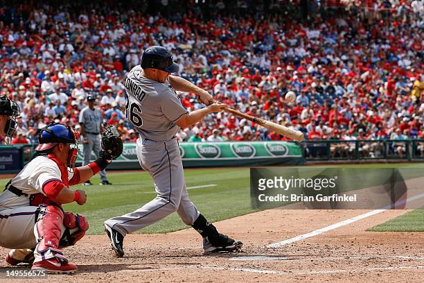 Brooks Conrad of the Tampa Bay Rays hits the ball during the first game of an interleague doubleheader against the Philadelphia Phillies at Citizens...