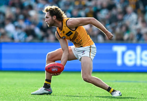 Josh Weddle of the Hawks handballs during the round 12 AFL match between Port Adelaide Power and Hawthorn Hawks at Adelaide Oval, on June 03 in...