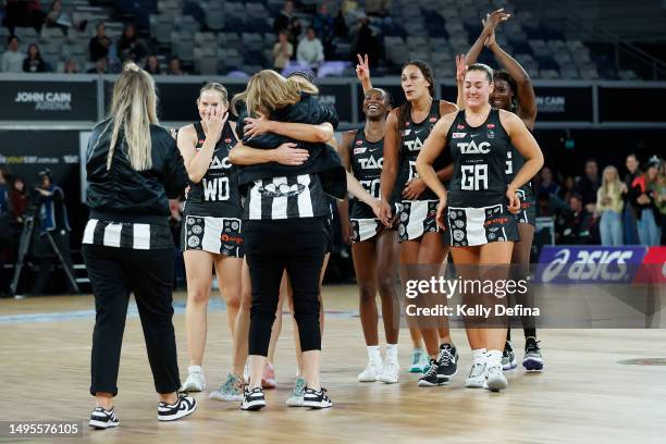 Magpies celebrate with Coach, Nicole Richardson at full time during the round 12 Super Netball match between Collingwood Magpies and Adelaide...