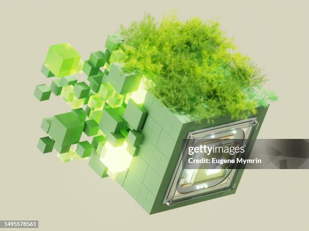 futuristic microchip, digital data flowing and plants. merging technology and ecology. esg - changer de forme photos et images de collection
