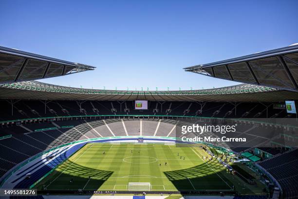 General view of the Olympiastadion is seen one day ahead of the DFB Cup Final between RB Leipzig and Eintracht Frankfurt at Olympiastadion Berlin on...