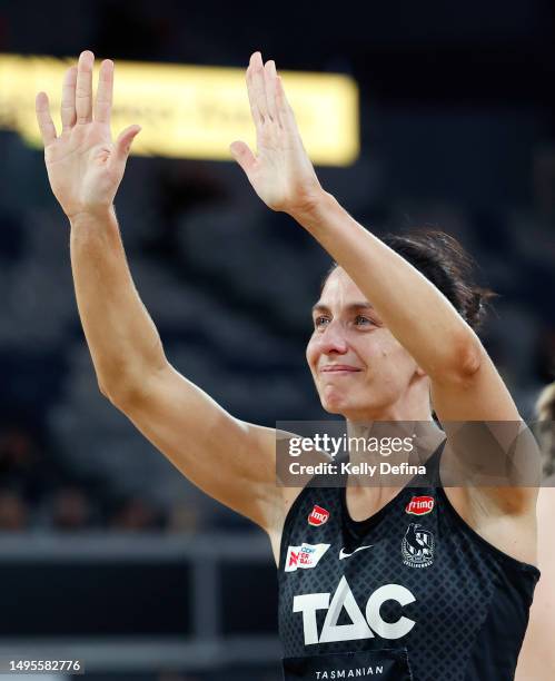 Ash Brazill of the Magpies thanks the crowd during the round 12 Super Netball match between Collingwood Magpies and Adelaide Thunderbirds at John...