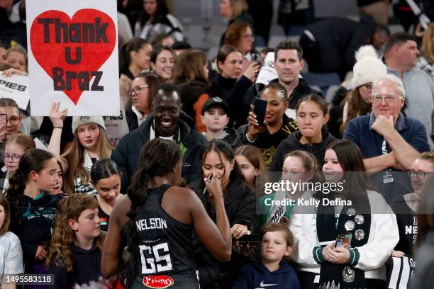 Shimona Nelson of the Magpies thanks supporters during the round 12 Super Netball match between Collingwood Magpies and Adelaide Thunderbirds at John...