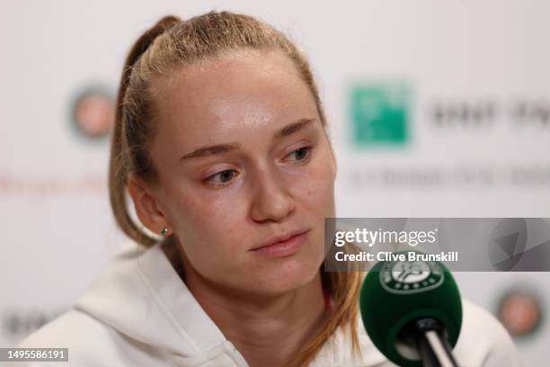 Elena Rybakina of Kazakhstan speaks to the media during a press conference to announce her retirement from the 2023 French Open due to illness on Day...