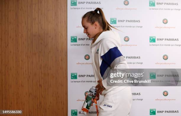 Elena Rybakina of Kazakhstan leaves a press conference after announcing her retirement from the 2023 French Open due to illness on Day Seven of the...