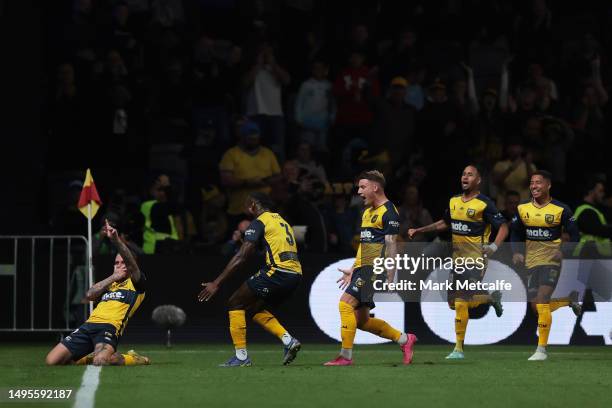 Jason Cummings of the Mariners celebrates his goal during the 2023 A-League Men's Grand Final match between Melbourne City and Central Coast Mariners...