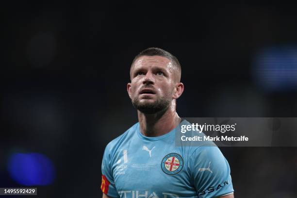 Daniel Vukovic of the Mariners checks Valon Berisha of Melbourne City after they clashed during the 2023 A-League Men's Grand Final match between...