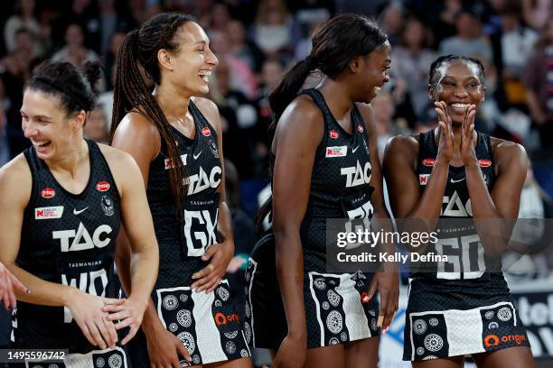 Ash Brazill of the Magpies, Geva Mentor of the Magpies, Shimona Nelson of the Magpies and Jodi-Ann Ward of the Magpies react during the round 12...