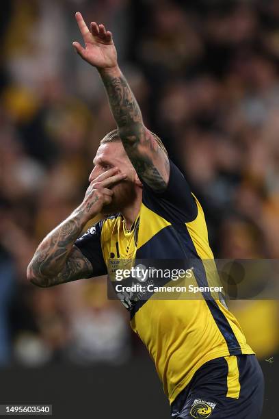 Jason Cummings of the Mariners celebrates kicking a penalty goal during the 2023 A-League Men's Grand Final match between Melbourne City and Central...