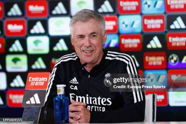 Carlo Ancelotti, head coach of Real Madrid, attends his press conference after the training day of Real Madrid before the last round of La Liga...