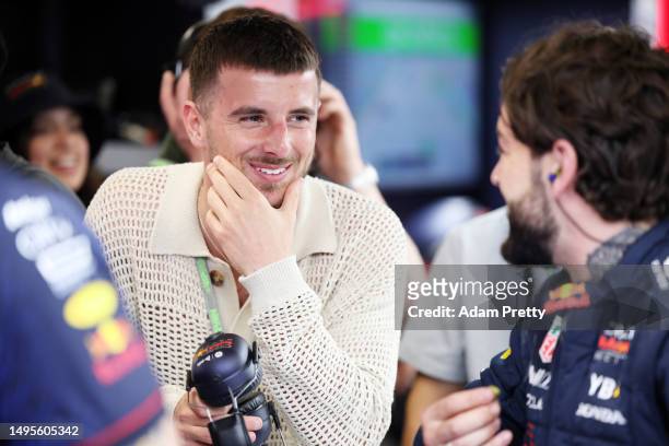 Mason Mount looks on in the Red Bull Racing garage during final practice ahead of the F1 Grand Prix of Spain at Circuit de Barcelona-Catalunya on...