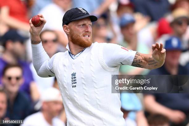 England captain Ben Stokes fields the ball during day three of the LV= Insurance Test Match between England and Ireland at Lord's Cricket Ground on...