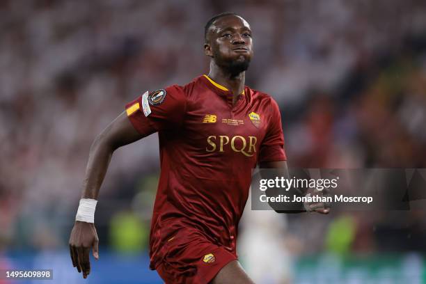 Tammy Abraham of AS Roma reacts during the UEFA Europa League 2022/23 final match between Sevilla FC and AS Roma at Puskas Arena on May 31, 2023 in...