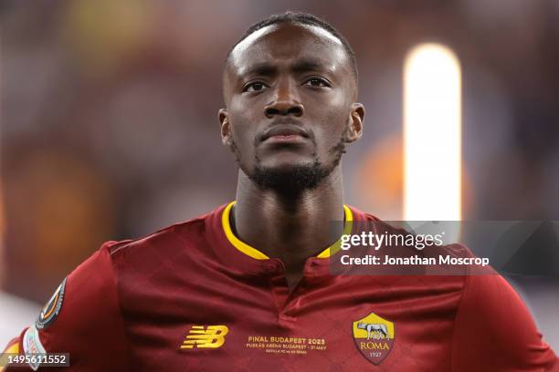 Tammy Abraham of AS Roma looks on during the line up prior to the UEFA Europa League 2022/23 final match between Sevilla FC and AS Roma at Puskas...