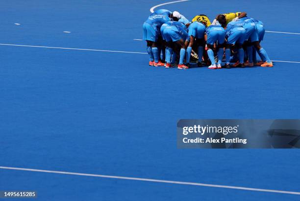 India huddle before the start of play during the FIH Hockey Pro League Men's match between Great Britain and India at Lee Valley Hockey and Tennis...