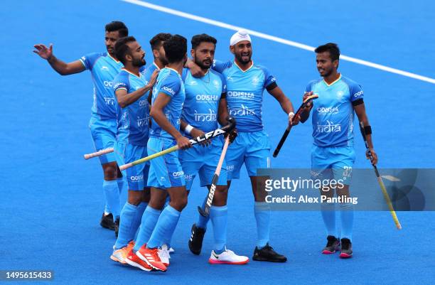 Singh Harmanpreet of India celebrates with team mates after he scored his sides first goal during the FIH Hockey Pro League Men's match between Great...